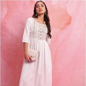Off White Floral Embroidered Cotton Fit & Flare Midi Dress